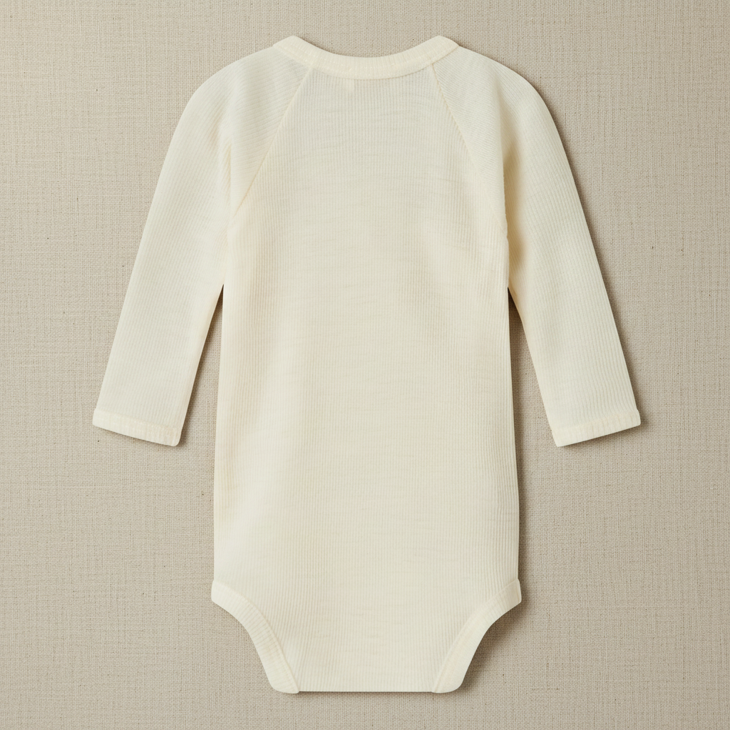 Beige baby bodysuit with long sleeves on a white background
