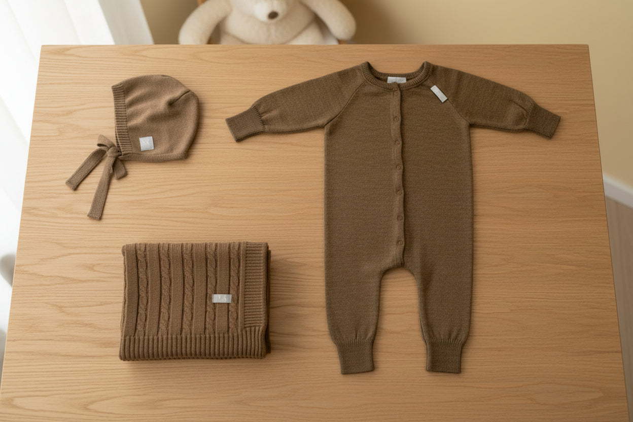 Gift Set For Baby - Blanket, Romper and Bonnet Brown