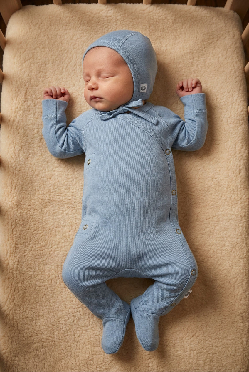 Merino Wool Wrap Romper Suit - Blue Fog