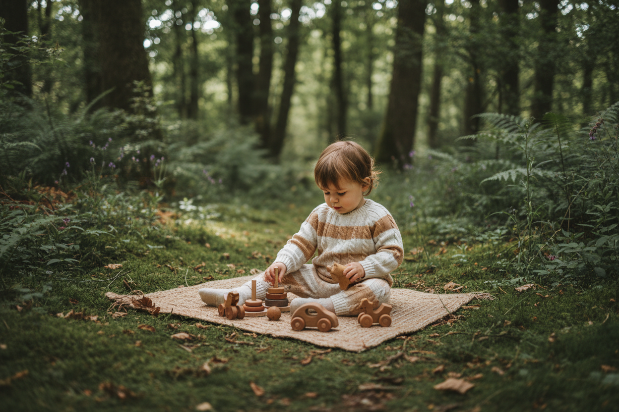 Child in merino wool romper playing with wooden toys in nature