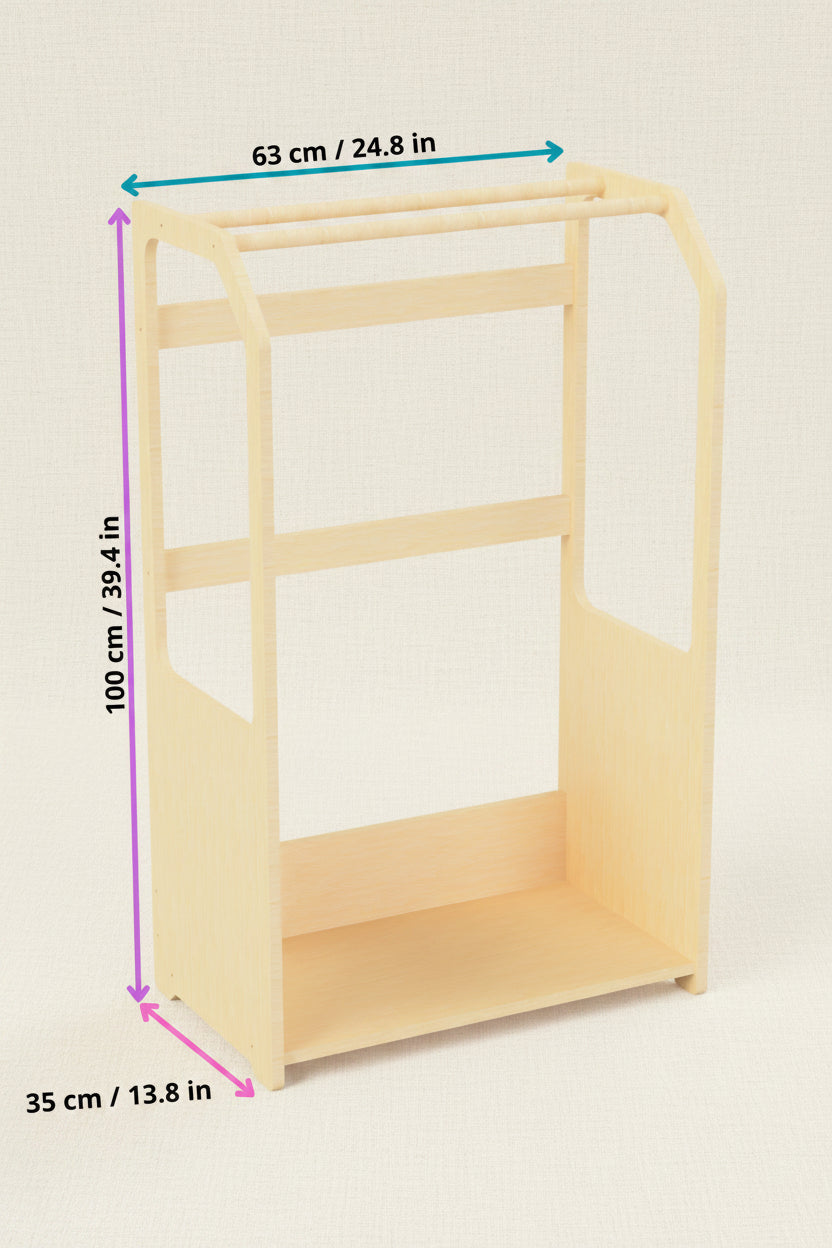 Montessori Wooden Clothes Drying Rack with Beige Storage