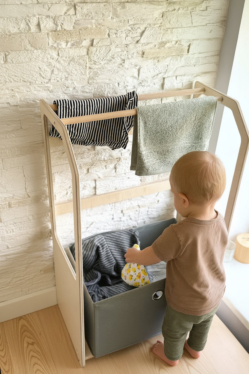 Montessori Wooden Clothes Drying Rack with Beige Storage