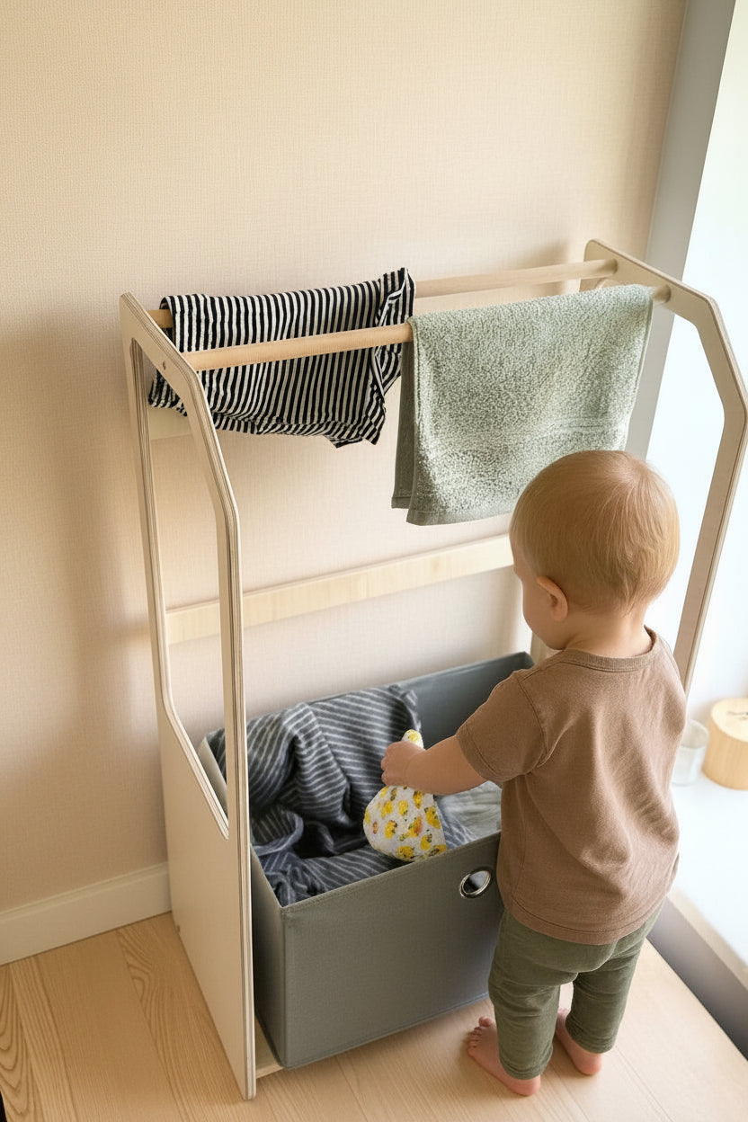 Montessori Wooden Clothes Drying Rack with Grey Storage