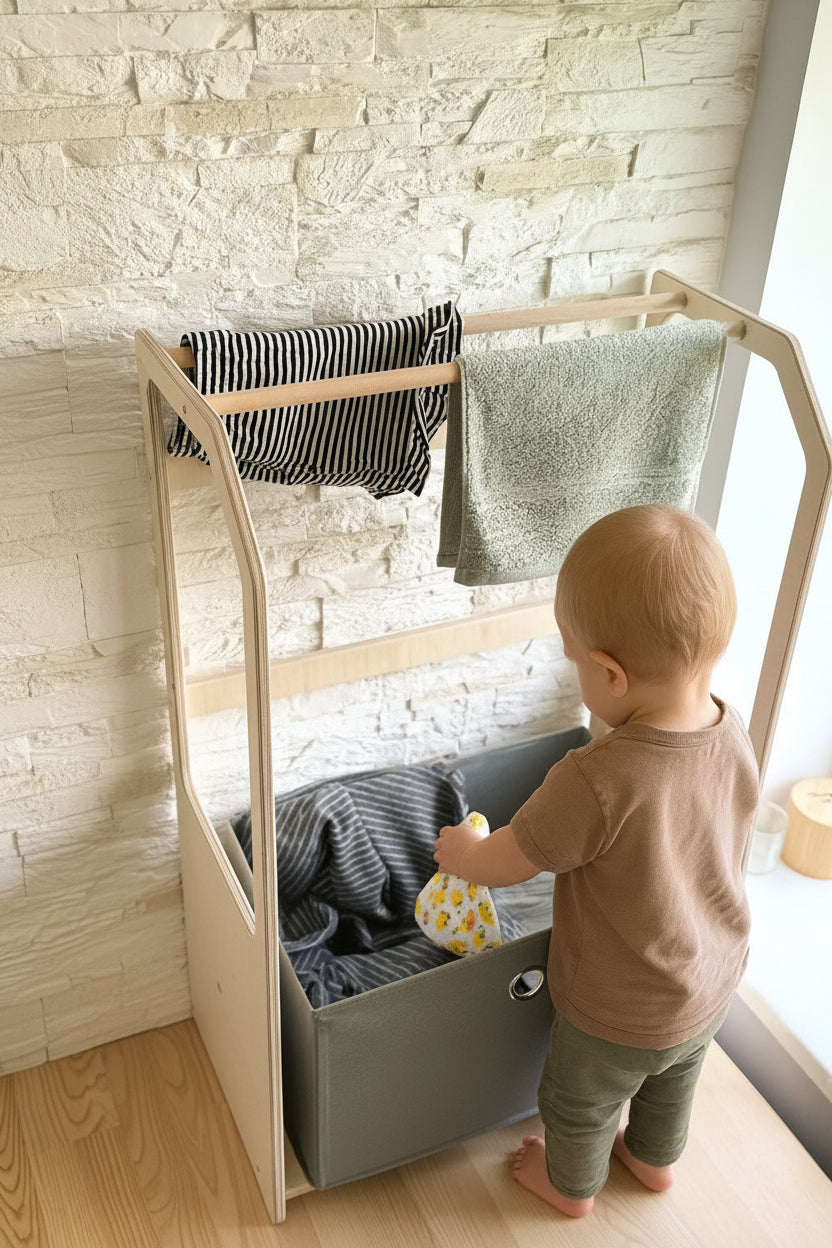 Montessori Wooden Clothes Drying Rack with Green Storage