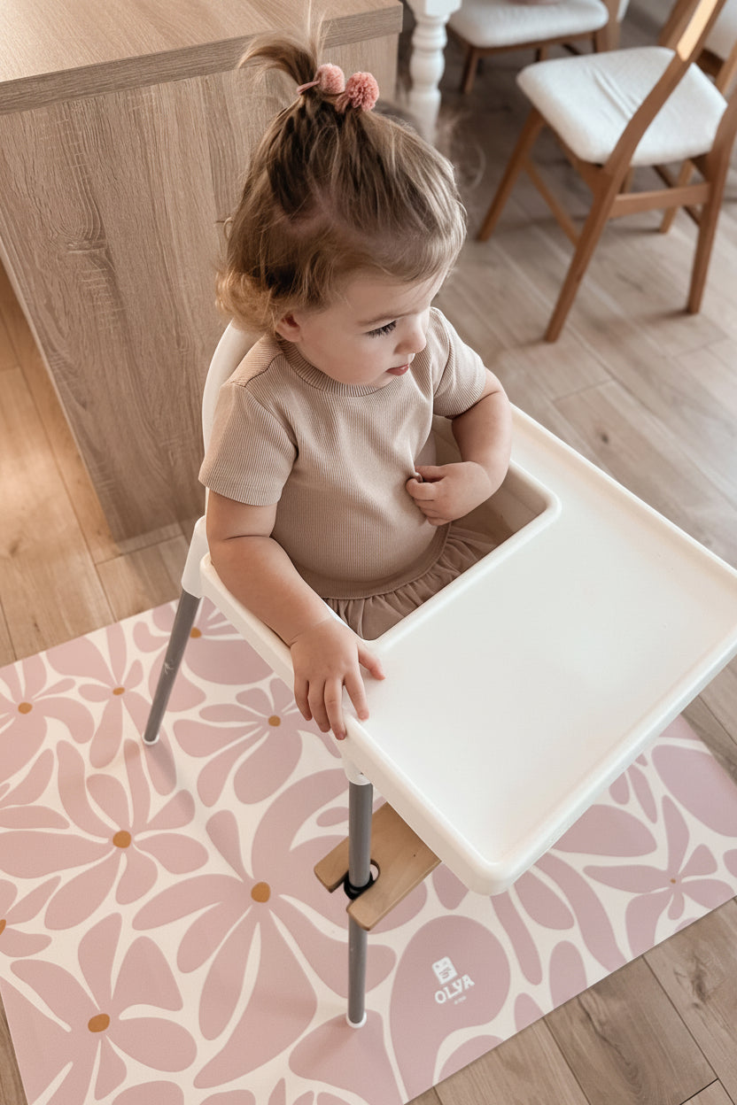 Kids Mealtime Floor Mat, Non-Slip & Waterproof - Daisy Pink