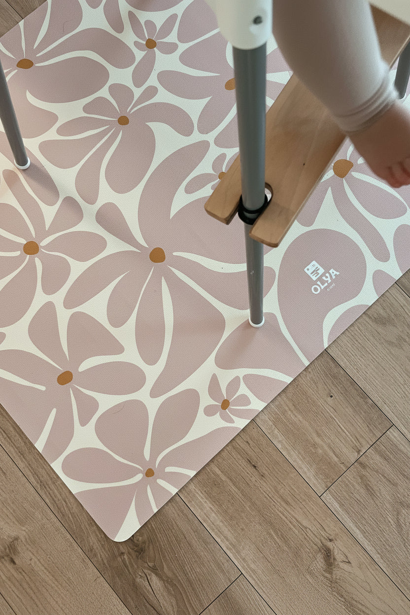 Kids Mealtime Floor Mat, Non-Slip & Waterproof - Daisy Pink