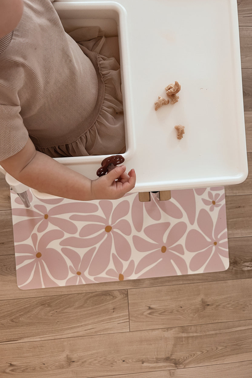 Kids Mealtime Floor Mat, Non-Slip & Waterproof - Daisy Pink