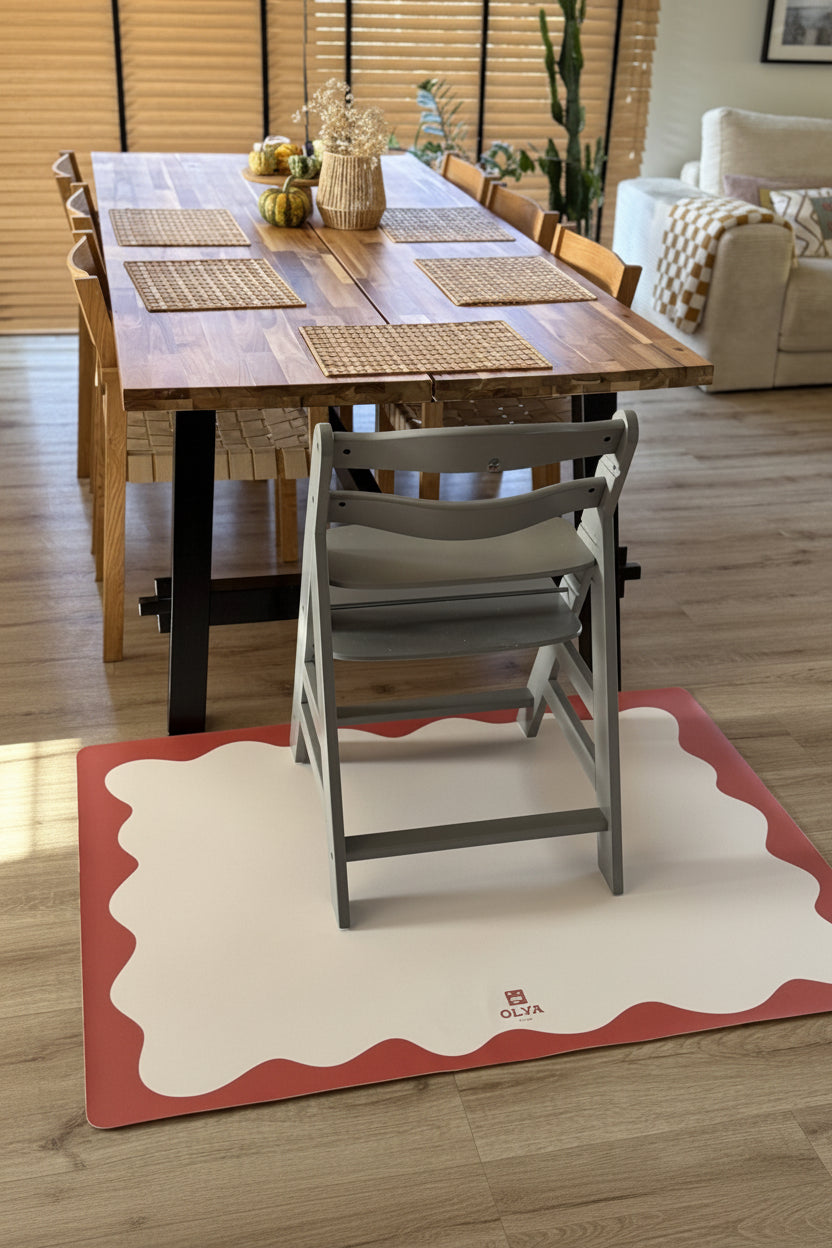Kids Mealtime Floor Mat, Non-Slip & Waterproof - Red Frame