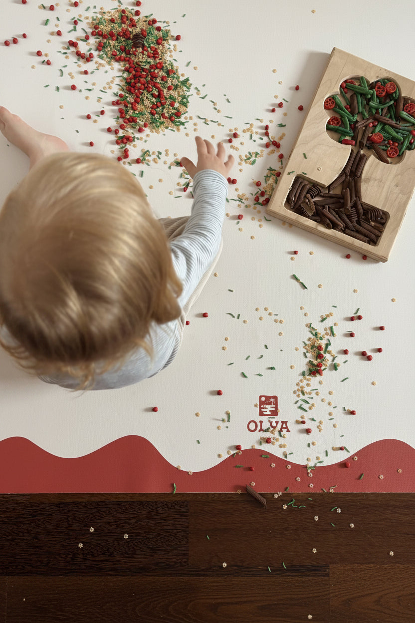 Kids Mealtime Floor Mat, Non-Slip & Waterproof - Red Frame