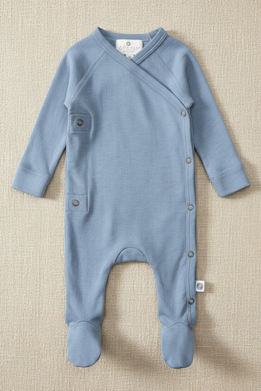 Merino Wool Wrap Romper Suit - Blue Fog