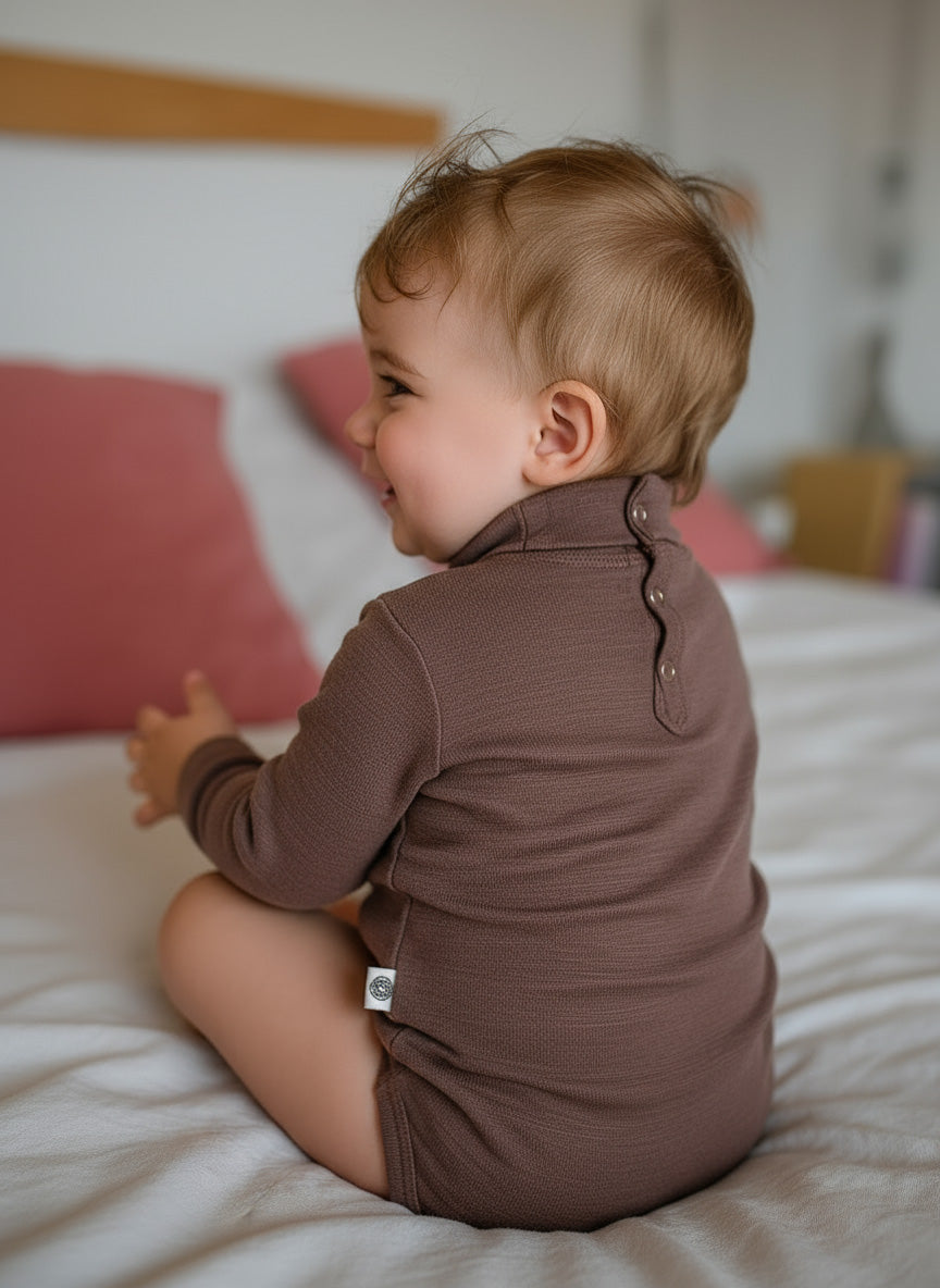 Merino Wool Romper Long Sleeve with Turtleneck - Peppercorn
