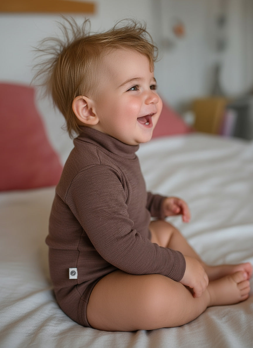 Merino Wool Romper Long Sleeve with Turtleneck - Peppercorn