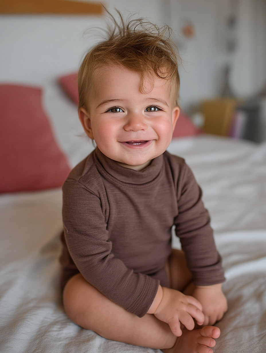 Merino Wool Romper Long Sleeve with Turtleneck - Peppercorn