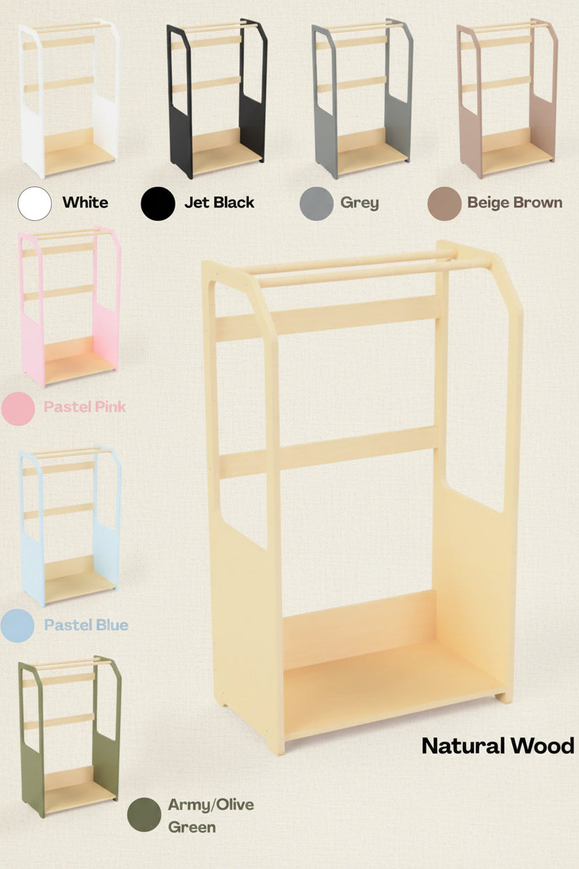 Montessori Wooden Clothes Drying Rack with Beige Storage