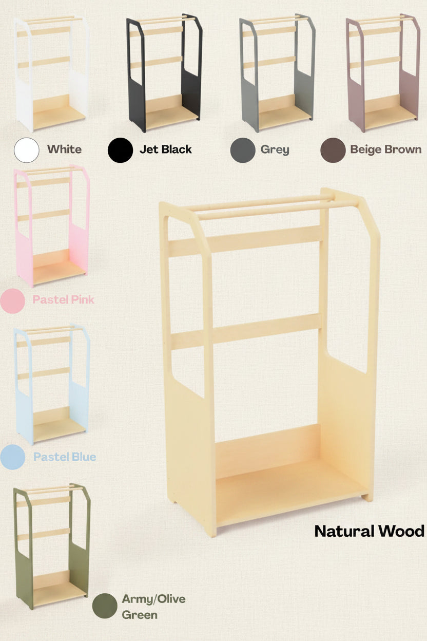 Montessori Wooden Clothes Drying Rack with Grey Storage