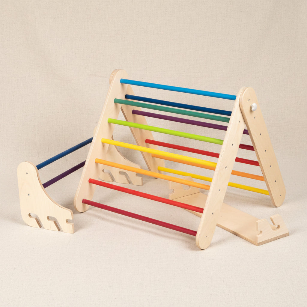 Pikler Triangle Climber with Swedish Wall Add-On (Ages 6m–7y) - Rainbow