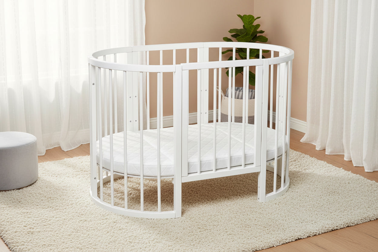 Round Baby Crib OLIN with Mattress - White