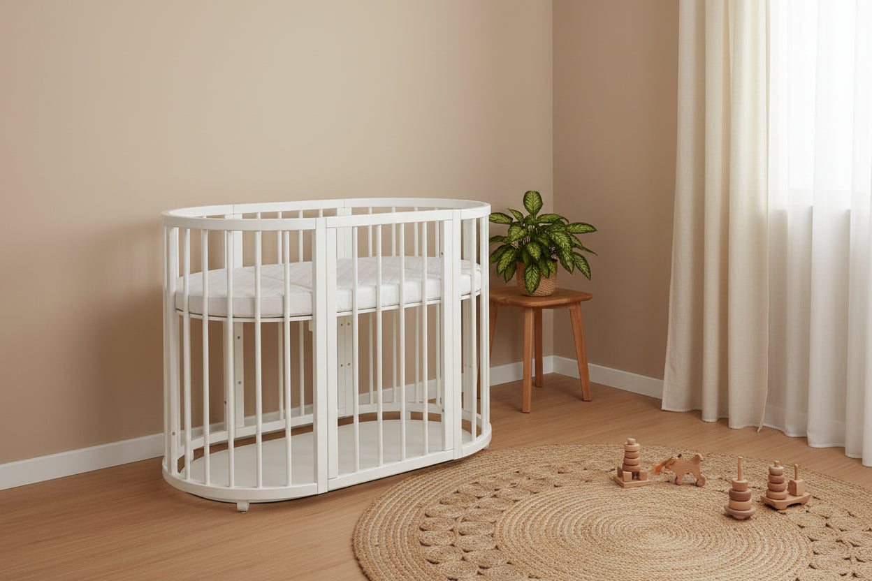 Round Baby Crib OLIN with Mattress - White
