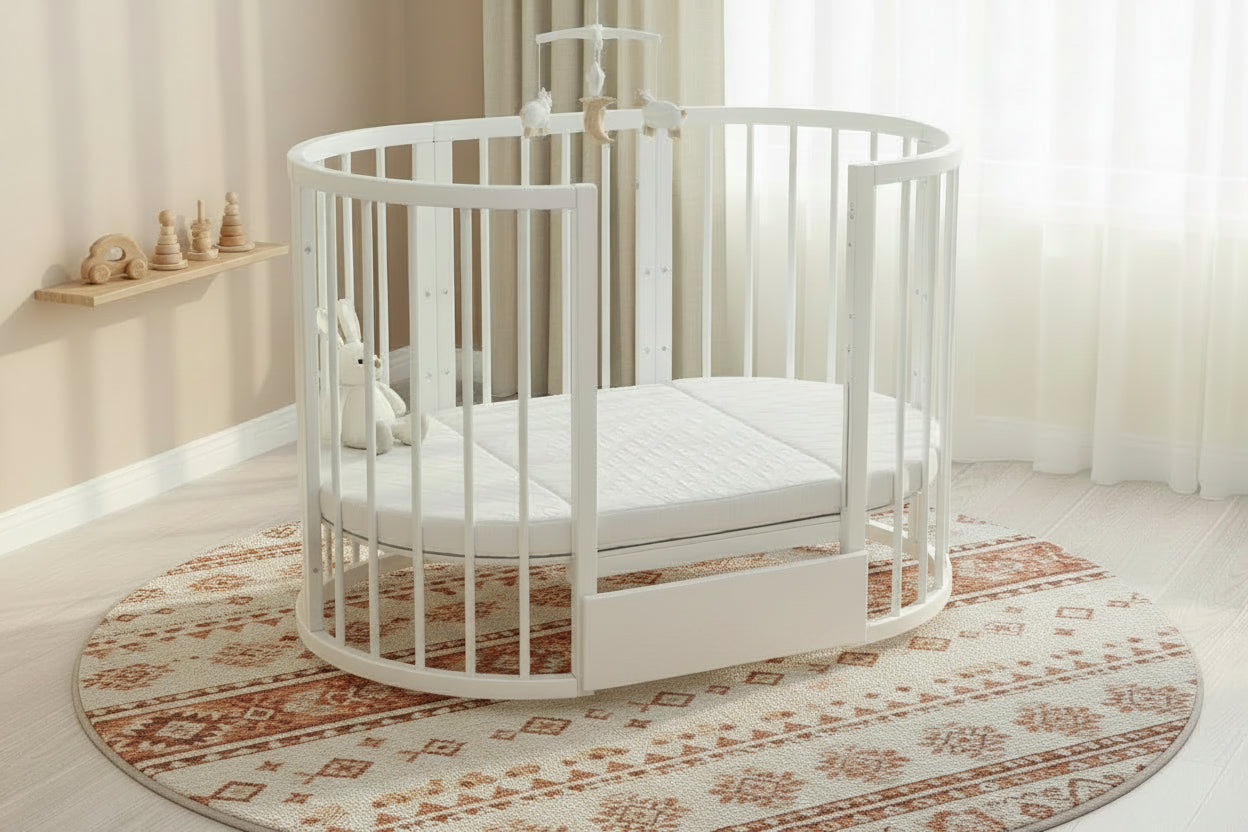 Round Baby Crib OLIN with Mattress - White