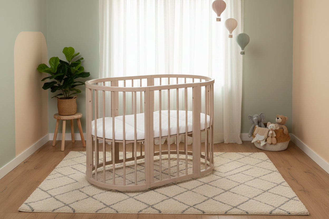 Round Baby Crib OLIN with Mattress - Cappuccino
