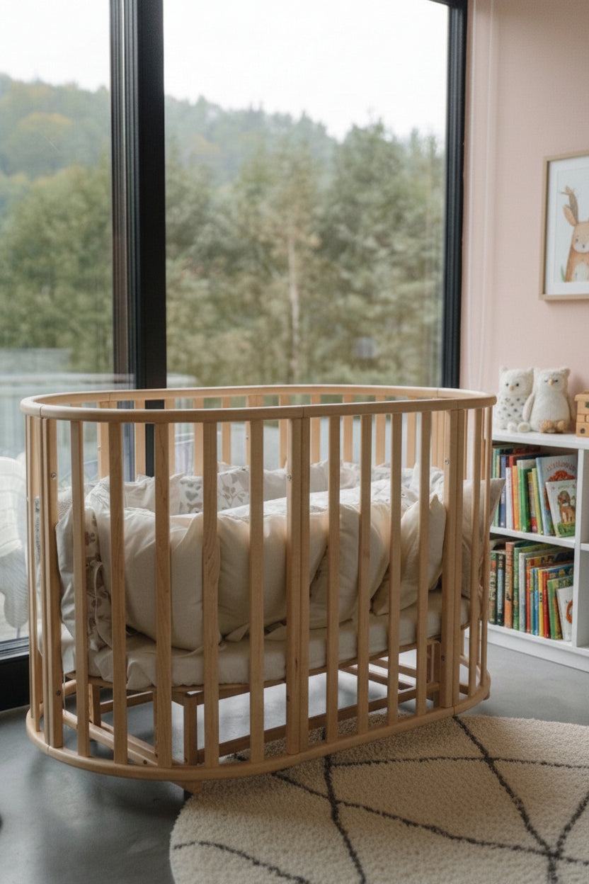 Round Baby Crib OLIN with Mattress - Natural