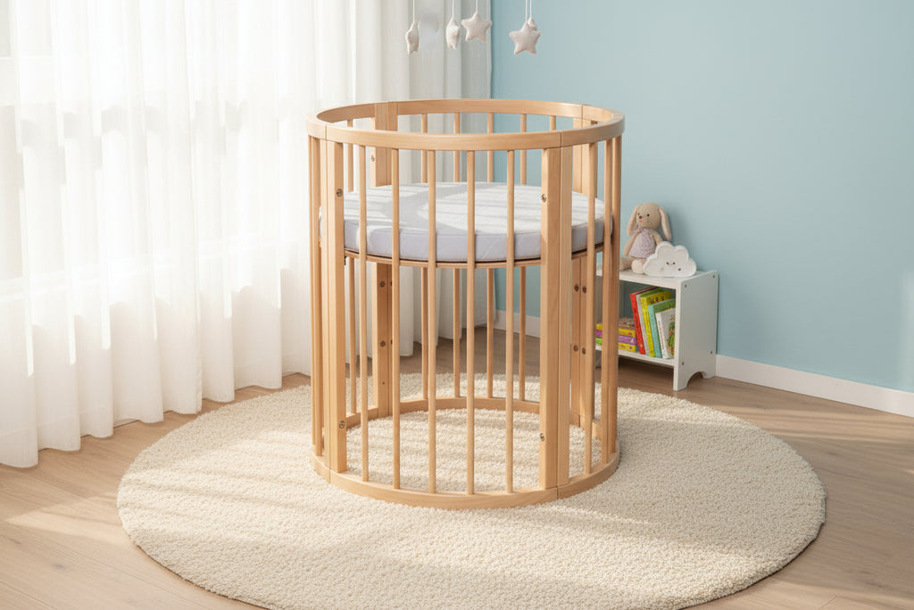 Round Baby Crib OLIN with Mattress - Natural
