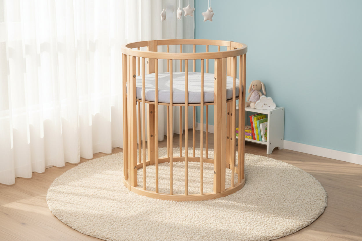 Round Baby Crib OLIN with Mattress - Natural
