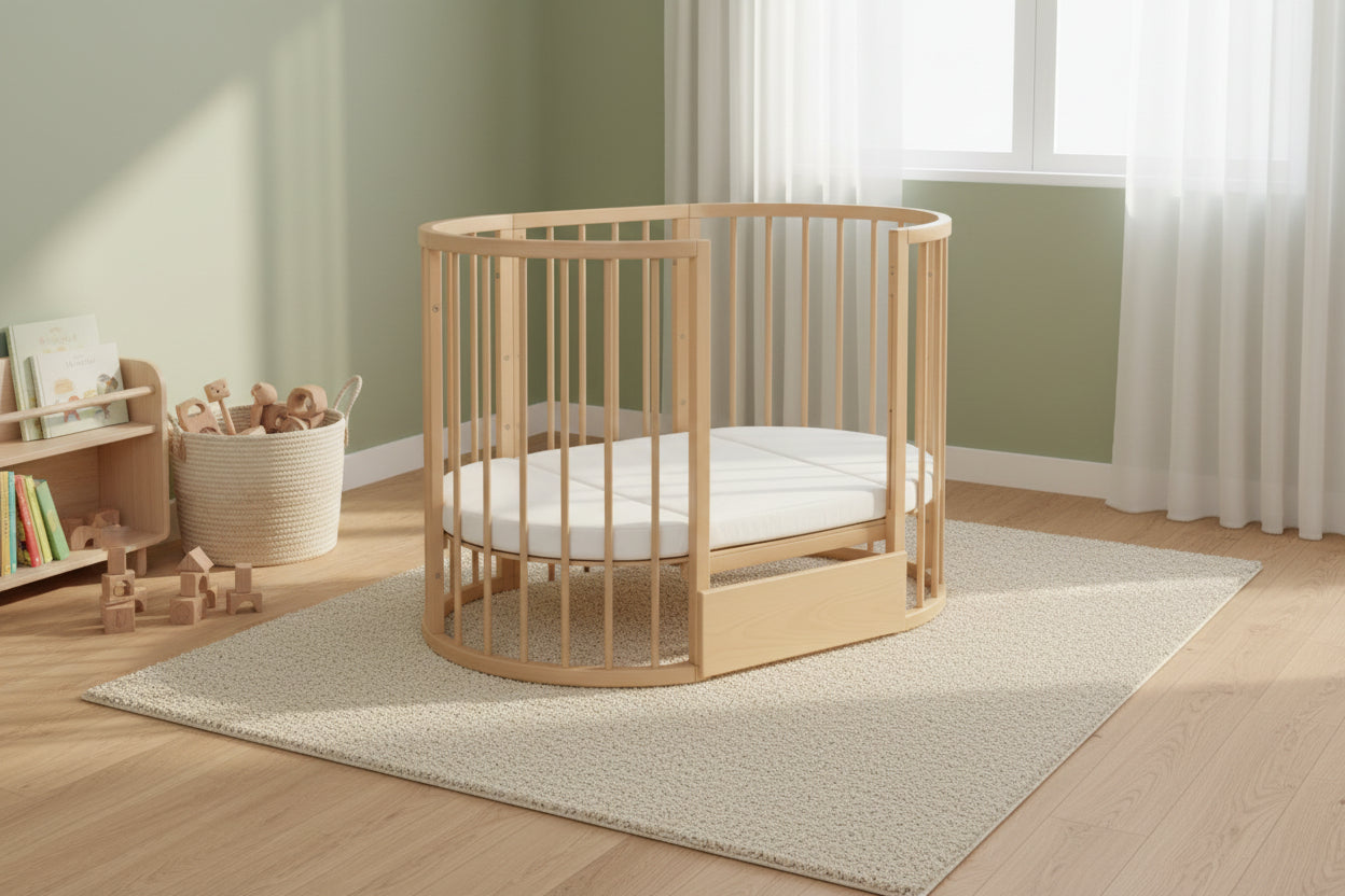 Round Baby Crib OLIN with Mattress - Natural