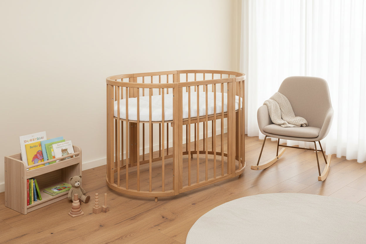 Round Baby Crib OLIN with Mattress - Natural