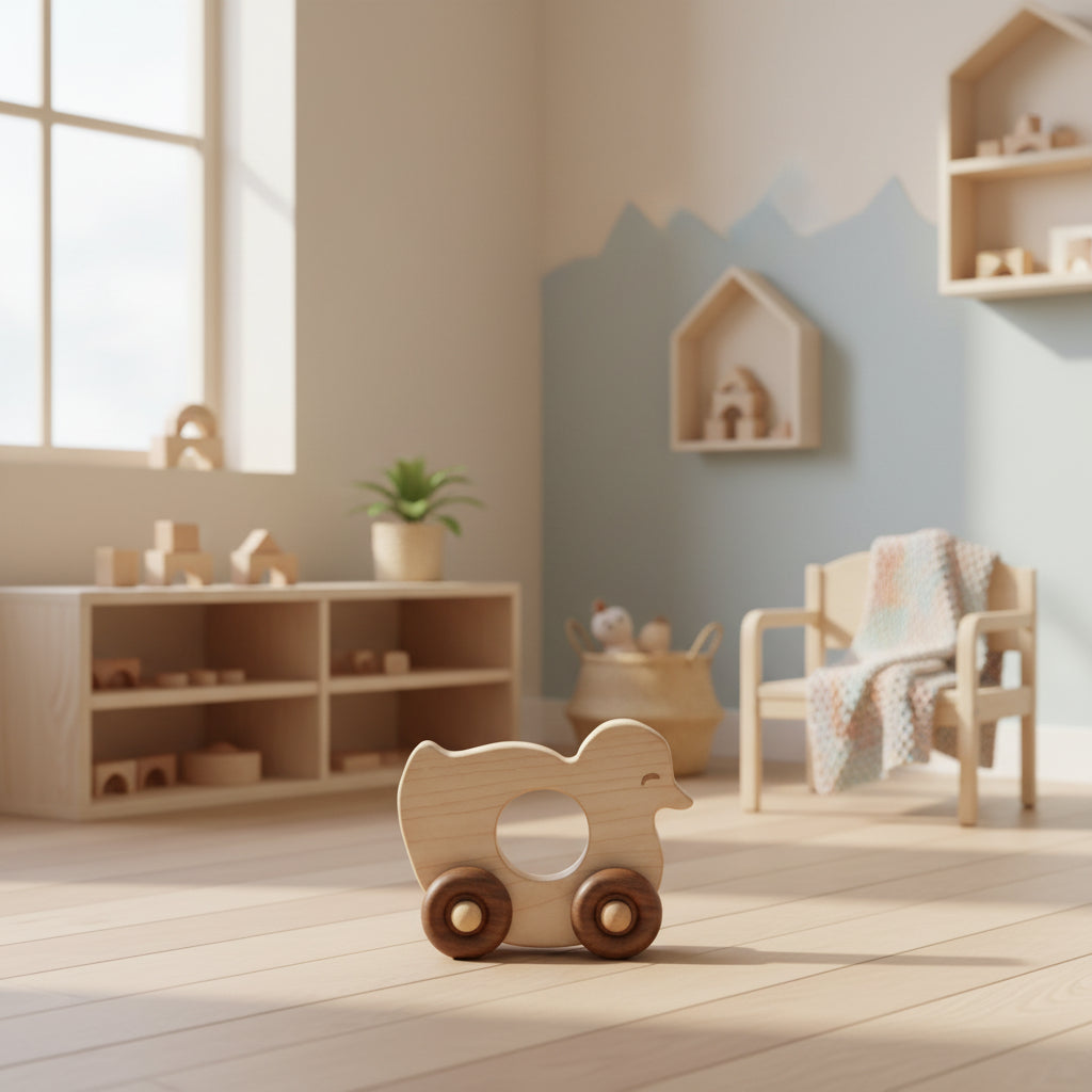 Wooden Toy on Wheels - Duck